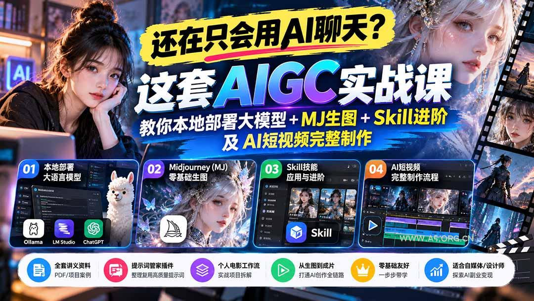 【无水印】还在只会用AI聊天？这套AIGC实战课教你本地部署大模型+MJ生图+Skill进阶及AI短视频完整制作 - 小红泡