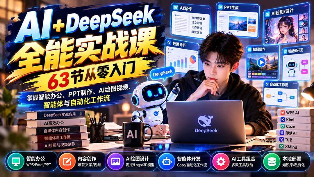AI+DeepSeek全能实战课：63节从零入门，掌握智能办公、PPT制作、AI绘图视频、智能体与自动化工作流 - 小红泡