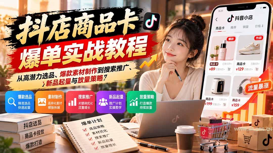 抖店商品卡爆单实战教程：从高潜力选品、爆款素材制作到搜索推广、新品起量与放量策略 - 小红泡