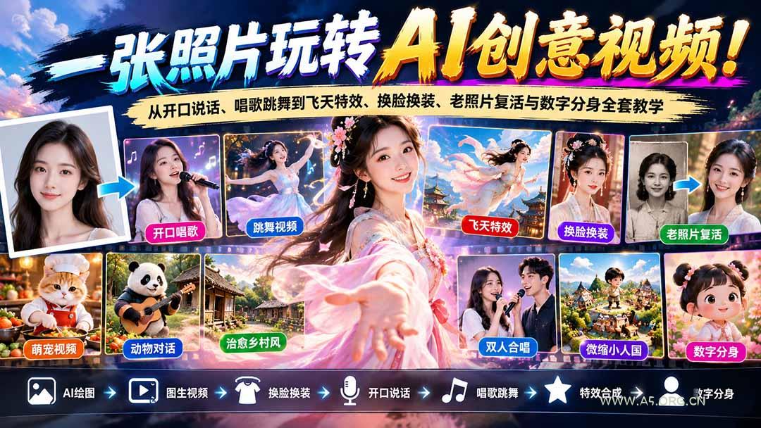 一张照片玩转AI创意视频！从开口说话、唱歌跳舞到飞天特效、换脸换装、老照片复活与数字分身全套教学 - 小红泡