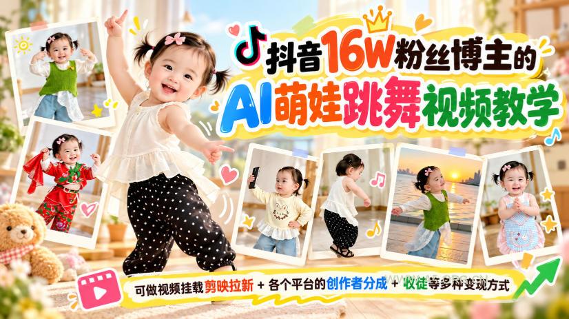抖音16W粉丝博主的AI萌娃跳舞视频教学,可做视频挂载剪映拉新+各个平台的创作者分成+收徒等多种变现方式,单月1W+ - 小红泡 抖音16W粉丝博主的AI萌娃跳舞视频教学,可做视频挂载剪映拉新+各个平台的创作者分成+收徒等多种变现方式,单月1W+