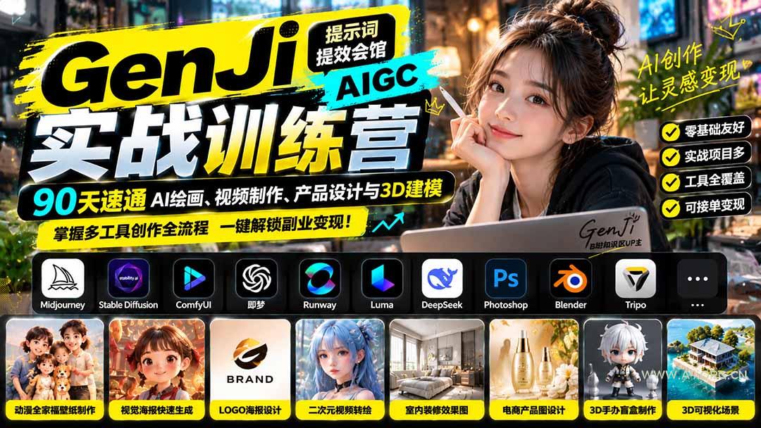 GenJi AIGC实战训练营：90天速通AI绘画、视频制作、产品设计与3D建模，掌握多工具创作全流程 - 小红泡