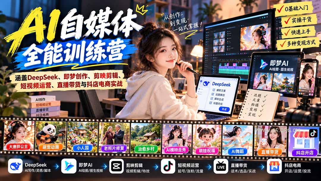 【无水印】AI+自媒体全能训练营：涵盖DeepSeek、即梦创作、剪映剪辑、短视频运营、直播带货与抖店电商实战 - 小红泡