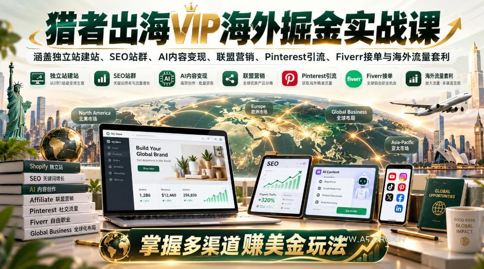猎者出海VIP海外掘金实战课:涵盖独立站、SEO站群、AI变现、联盟营销、Pinterest引流、Fiverr接单与海外流量套利,掌握多渠道賺美金玩法 - 小红泡 猎者出海VIP海外掘金实战课:涵盖独立站、SEO站群、AI变现、联盟营销、Pinterest引流、Fiverr接单与海外流量套利,掌握多渠道賺美金玩法