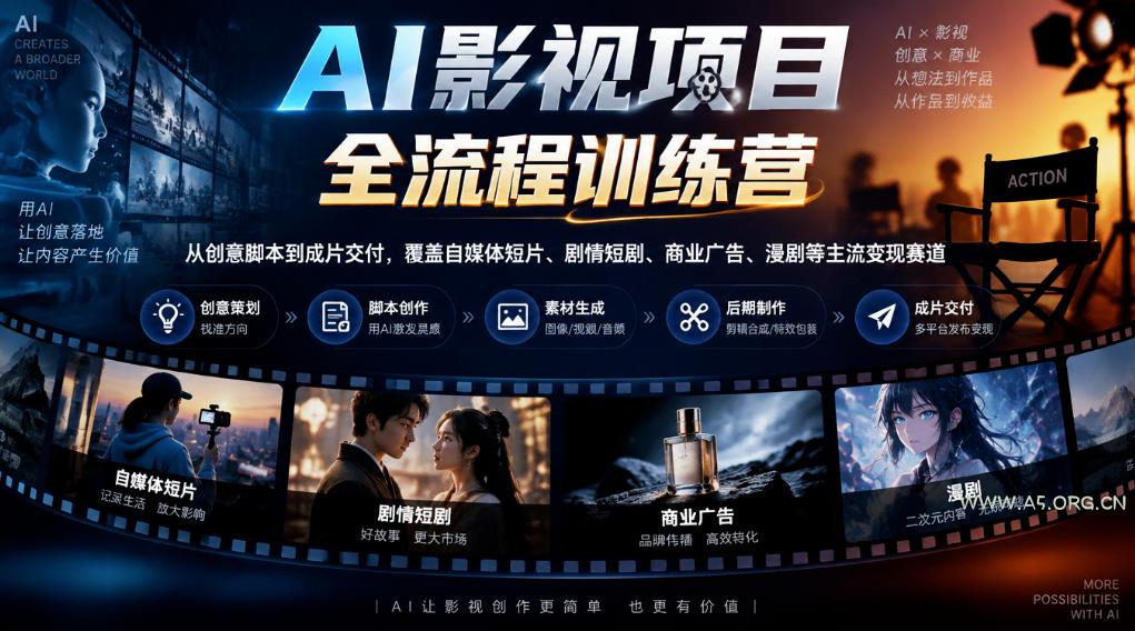 AI影视项目全流程训练营，从创意脚本到成片交付，覆盖自媒体短片、剧情短剧、商业广告、漫剧等主流变现赛道