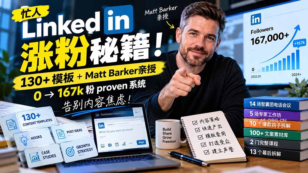 【无水印】忙人LinkedI 涨粉秘籍！130+模板+Matt Barker亲授：0&rarr;167k粉proven系统，告别内容焦虑【原创双语字幕】 - 小红泡