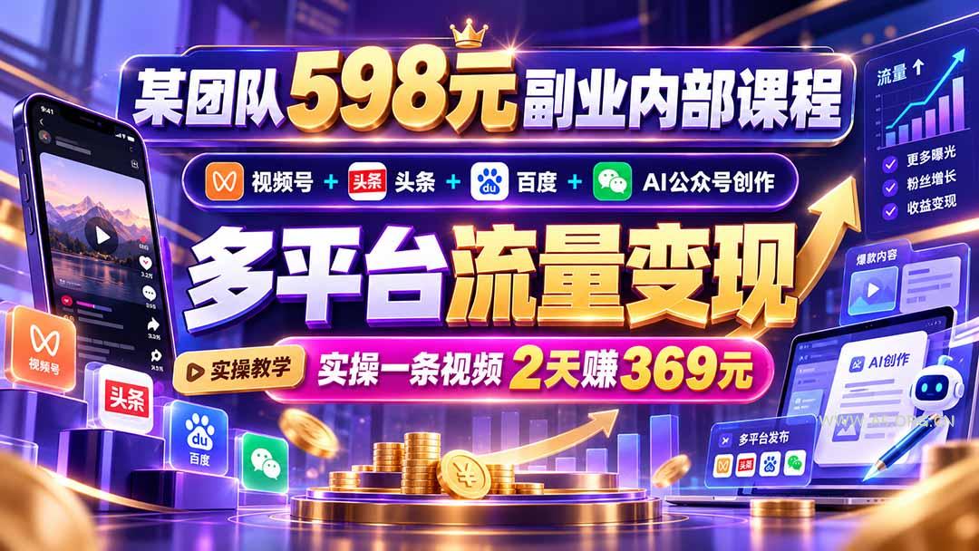 某团队598元副业内部课程:视频号+头条+百度+AI公众号创作、多平台流量变现,实操一条视频2天赚369元 - 小红泡 某团队598元副业内部课程:视频号+头条+百度+AI公众号创作、多平台流量变现,实操一条视频2天赚369元 - 小红泡