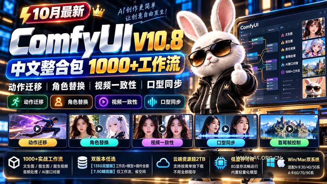 10月最新ComfyUI V10.8中文整合包 1000+工作流 动作迁移 角色替换 视频一致性 口型同步 低显存可用 - 小红泡