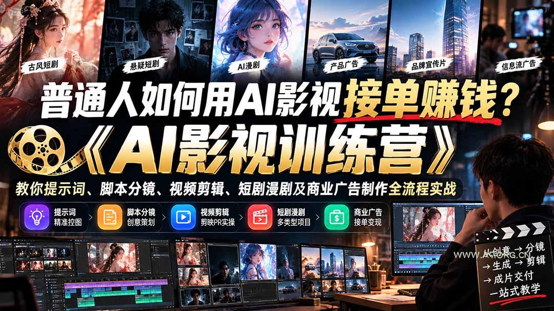 普通人如何用AI影视接单赚钱？《AI影视训练营》教你提示词、脚本分镜、视频剪辑、短剧漫剧及商业广告制作全流程实战 - 小红泡