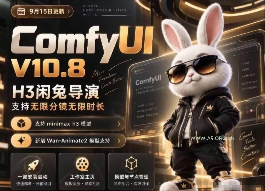 ComfyUI V10.8中文整合包，H3闲兔导演，支持无限分镜无限时长，1000+工作流，动作迁移，角色替换，视频一致性，口型同步，低显存可用