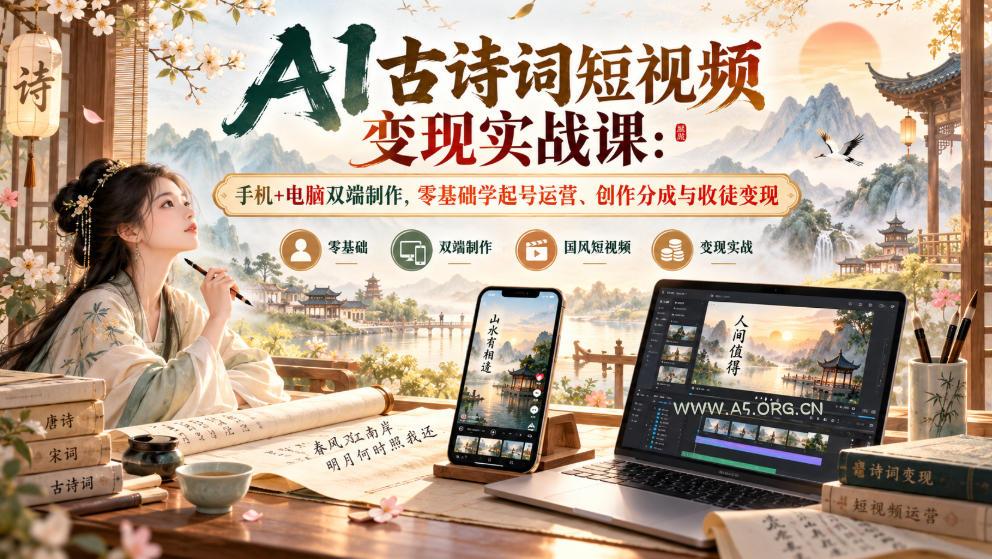AI古诗词短视频变现实战课:手机+电脑双端制作,零基础学起号运营、创作分成与收徒变现 - 小红泡 AI古诗词短视频变现实战课:手机+电脑双端制作,零基础学起号运营、创作分成与收徒变现