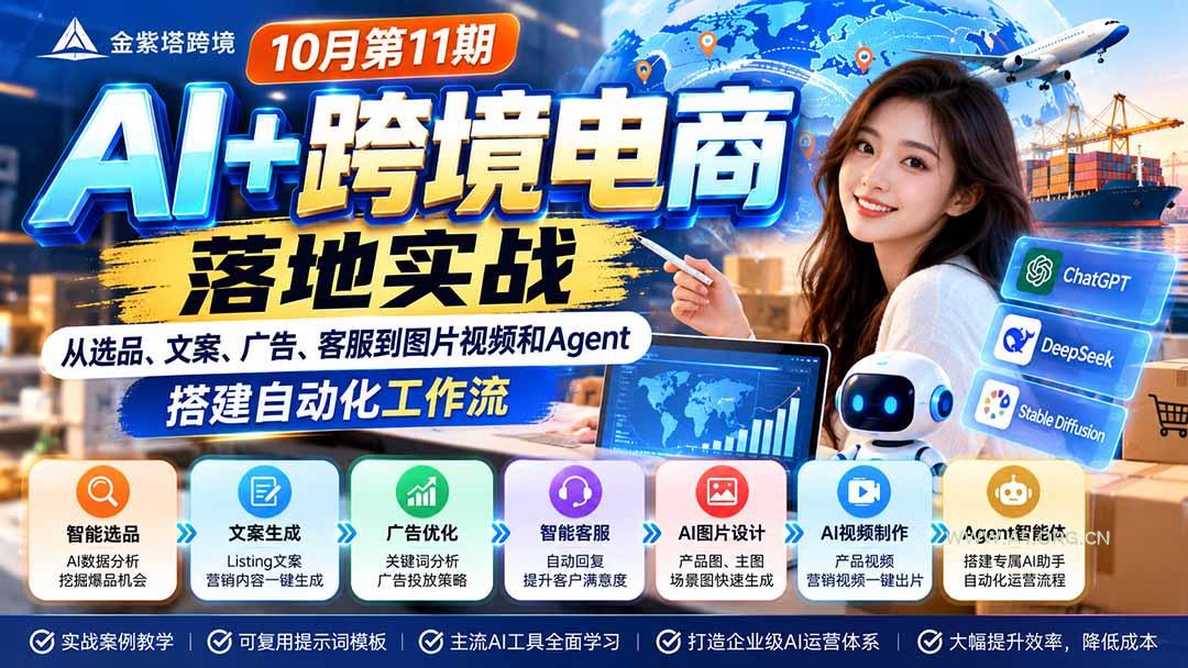 2026 AI+跨境电商落地实战10月第11期:从选品、文案、广告、客服到图片视频和Agent,搭建自动化工作流 - 小红泡 2026 AI+跨境电商落地实战10月第11期:从选品、文案、广告、客服到图片视频和Agent,搭建自动化工作流 - 小红泡