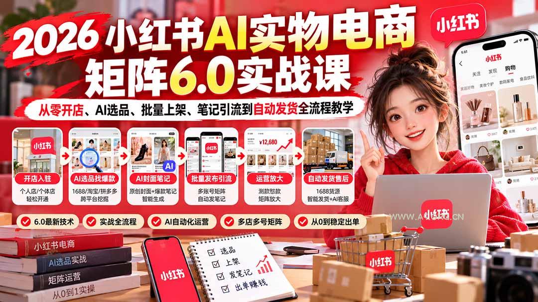 2026小红书AI实物电商矩阵6.0实战课：从零开店、AI选品、批量上架、笔记引流到自动发货全流程教学 - 小红泡