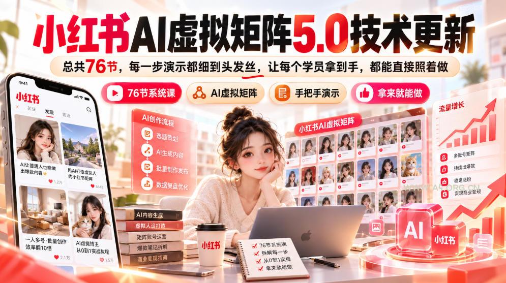 小红书AI虚拟矩阵5.0技术更新,总共76节,每一步演示都细到头发丝,让每个学员拿到手,都能直接照着做 - 小红泡 小红书AI虚拟矩阵5.0技术更新,总共76节,每一步演示都细到头发丝,让每个学员拿到手,都能直接照着做