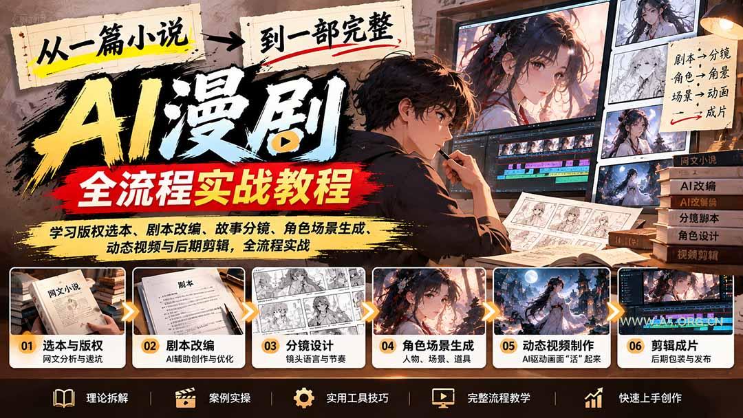 从一篇小说到一部完整AI漫剧:学习版权选本、剧本改编、故事分镜、角色场景生成、动态视频与后期剪辑 - 小红泡 从一篇小说到一部完整AI漫剧:学习版权选本、剧本改编、故事分镜、角色场景生成、动态视频与后期剪辑 - 小红泡