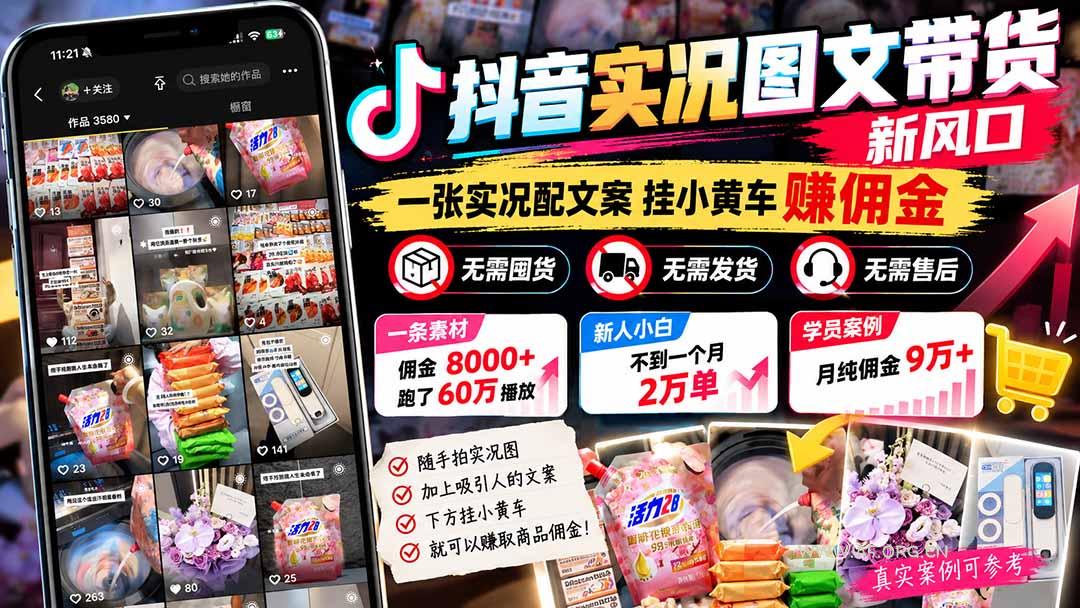 【无水印】抖音实况图文带货新风口：一张实况图配文案挂小黄车赚佣金，无需囤货发货售后，一条素材佣金8000+跑了60万 - 小红泡