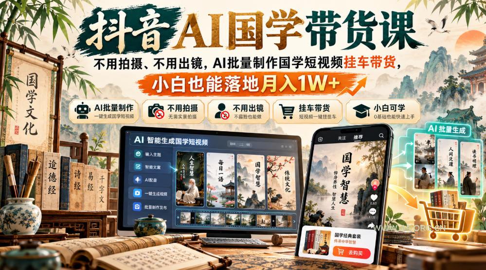 抖音AI国学带货课,不用拍摄、不用出镜,AI批量制作国学短视频挂车带货,小白也能落地月入1W+ - 小红泡 抖音AI国学带货课,不用拍摄、不用出镜,AI批量制作国学短视频挂车带货,小白也能落地月入1W+