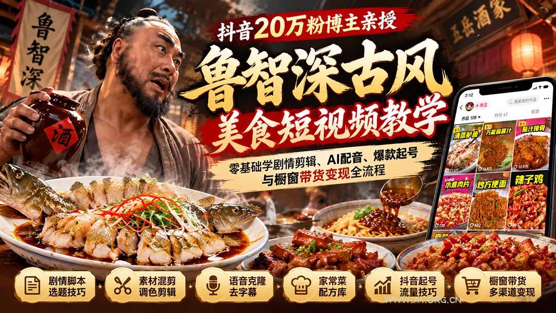 抖音20万粉博主亲授鲁智深古风美食玩法：零基础学剧情剪辑、AI配音、爆款起号与橱窗带货变现全流程 - 小红泡